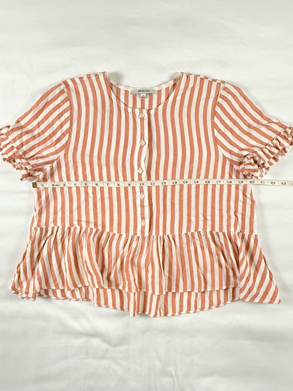 Madewell White and Coral Stripe Ruffle Sleeve Button Front Blouse - Picture 5 of 9